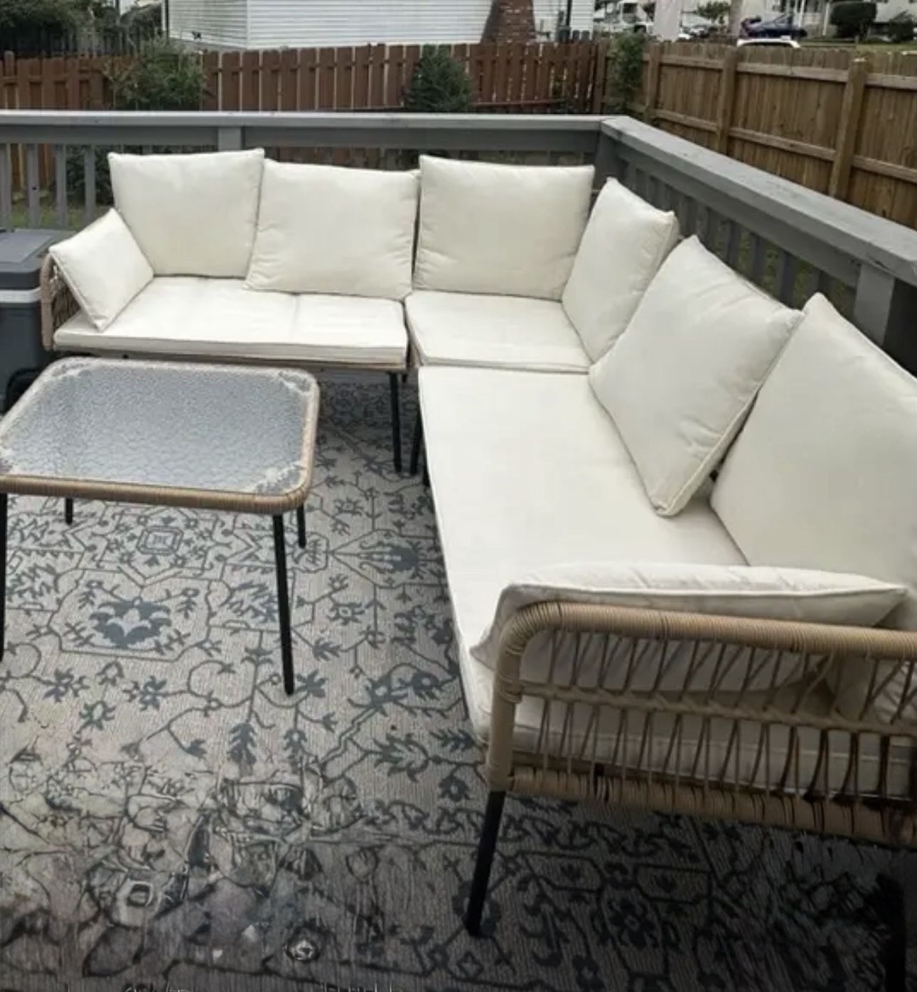 NEW IN BOX Outdoor Patio Set with L-Shaped Sectional Sofa, Glass Table & Wicker Frame - Cream Cushions, Beige & Brown All-Weather Durable Me