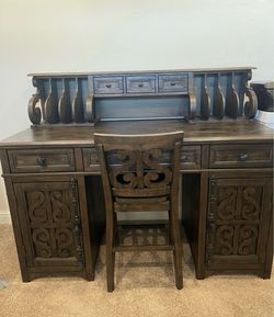 Dark Wood Carved Desk and Chair Set