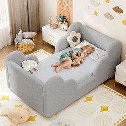 NAIZEA Toddler Bed, Child Bed Kids Teddy Fleece Fabric Standard Crib Toddler Bed
