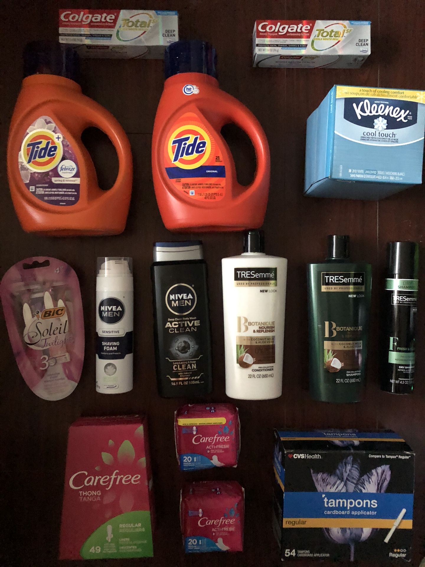 2 Tide; 1 Tampons (50ct); 3 Carefree; 3 Tresemme; 2 Nivea: Body wash & Shave Gel; 1 Bic Razors; 1 Kleenex; 2 Toothpastes: $60