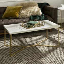 Walker Edison Rectangle Modern Faux Marble and Metal Coffee Table in White/Gold