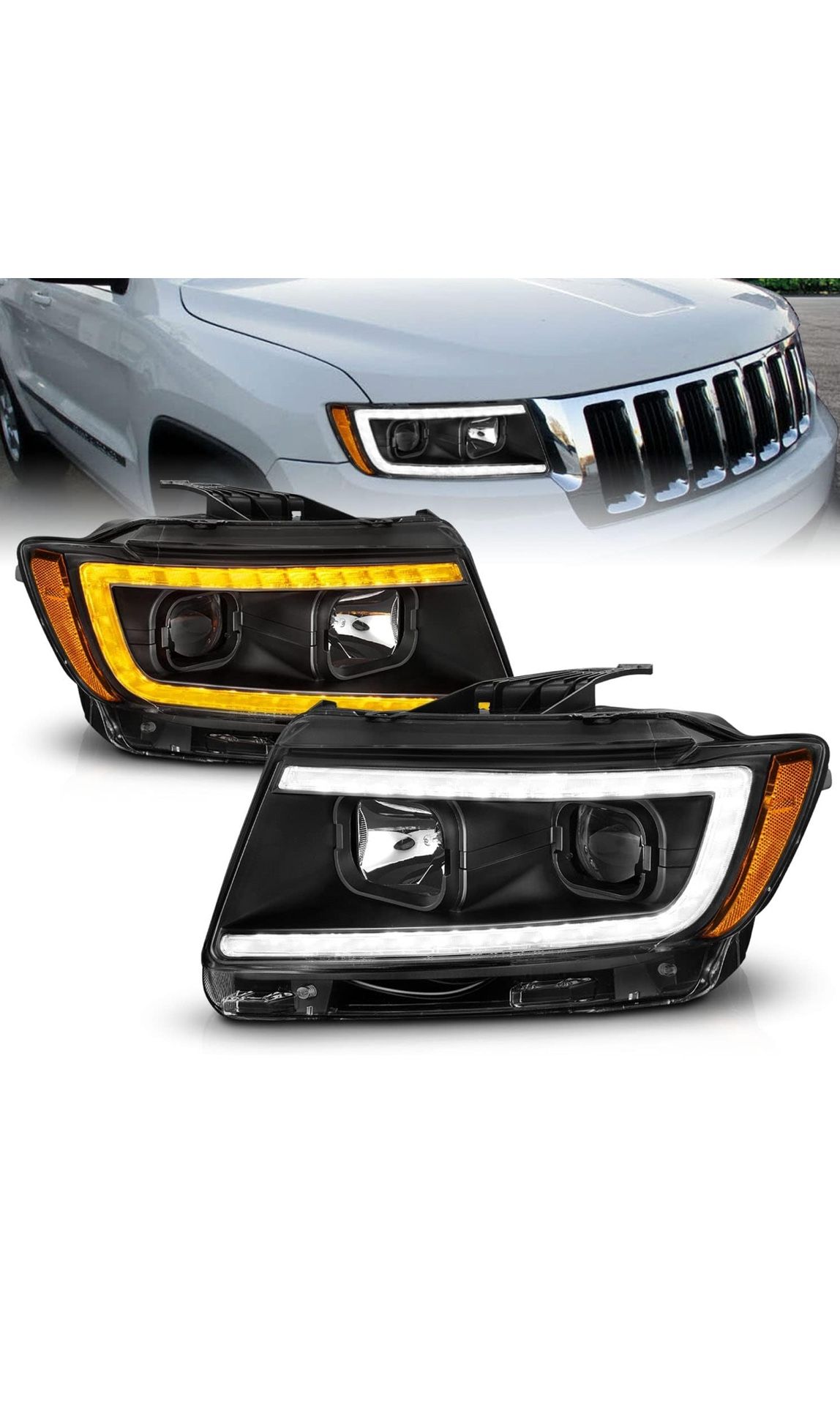 AmeriLite Para Jeep Grand Cherokee WK2 Tipo C 2011-2013 LED Switchback Tube Negro Cuadrado Proyector Par de Conjunto - Lado del pasajero y del conduct