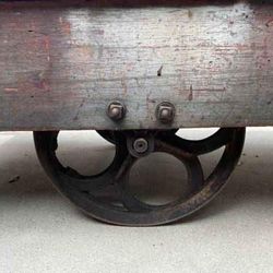 Rustic antique reclaimed wood cart coffee table, Rolling Iron Wheeled Table, Delivery
