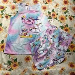 PJ place Cute 2-pc multi-coloured cat and unicorn beach set / pajamas #kids #set #pj # loungewear #sizelarge10/12 A339
