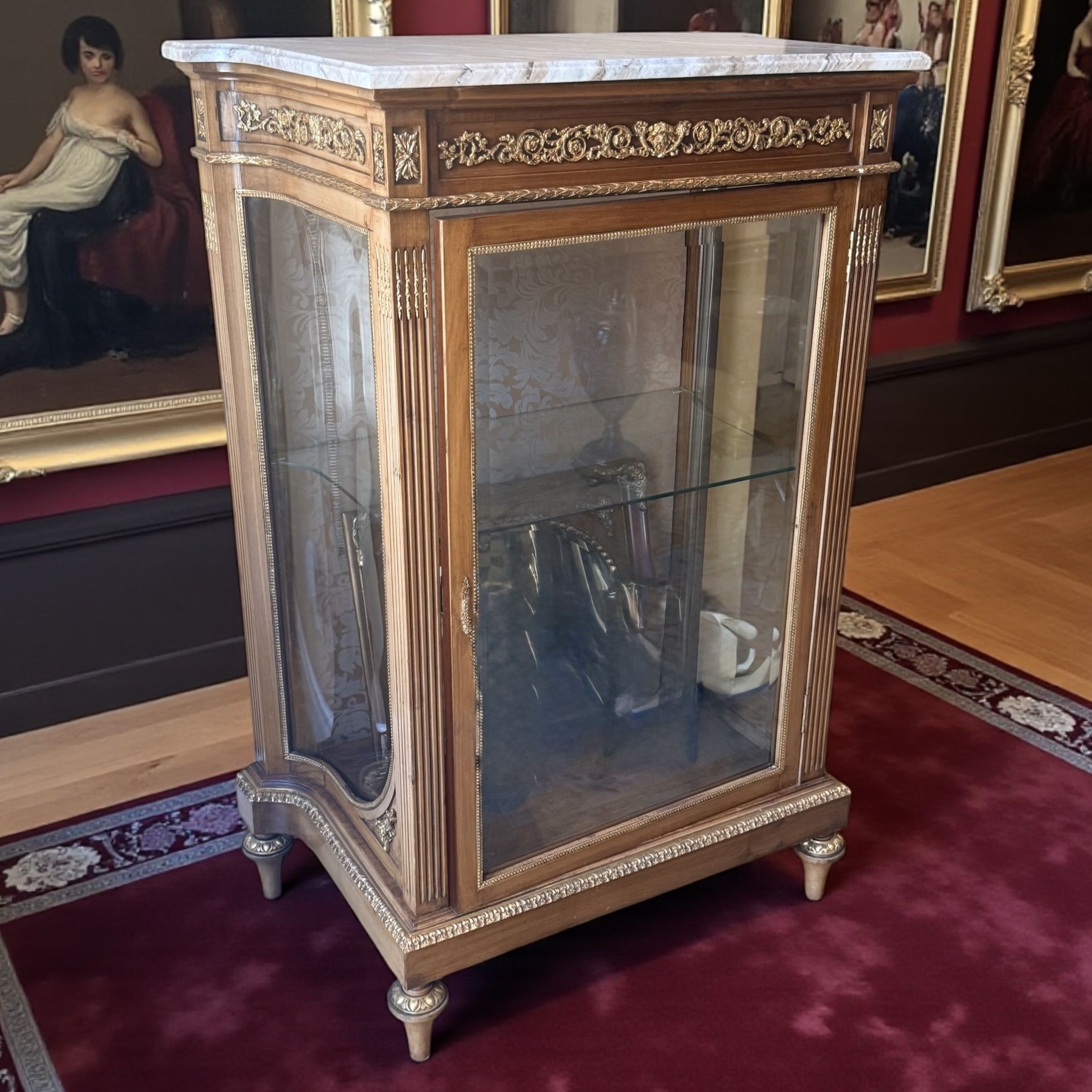 French Louis XVI Marble Display Vitrine Gilt Vintage Glass Cabinet 2 Avail.