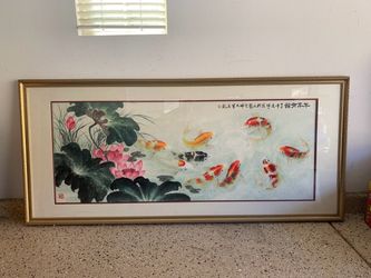 Large Chinese Koi Fish & Lotus Artwork with Elegant Gold Frame