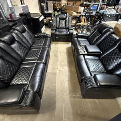 Black Breathing Leather 3-Piece Living Room Recliner Sofa 