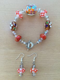 Lamp Work Orange Flower Bracelet Earrings Set