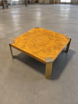 Mid-Century Burl Wood Coffee Table with Brass Legs – 31”