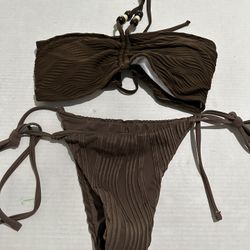 Zaful Brown Ribbed Bikini Size S