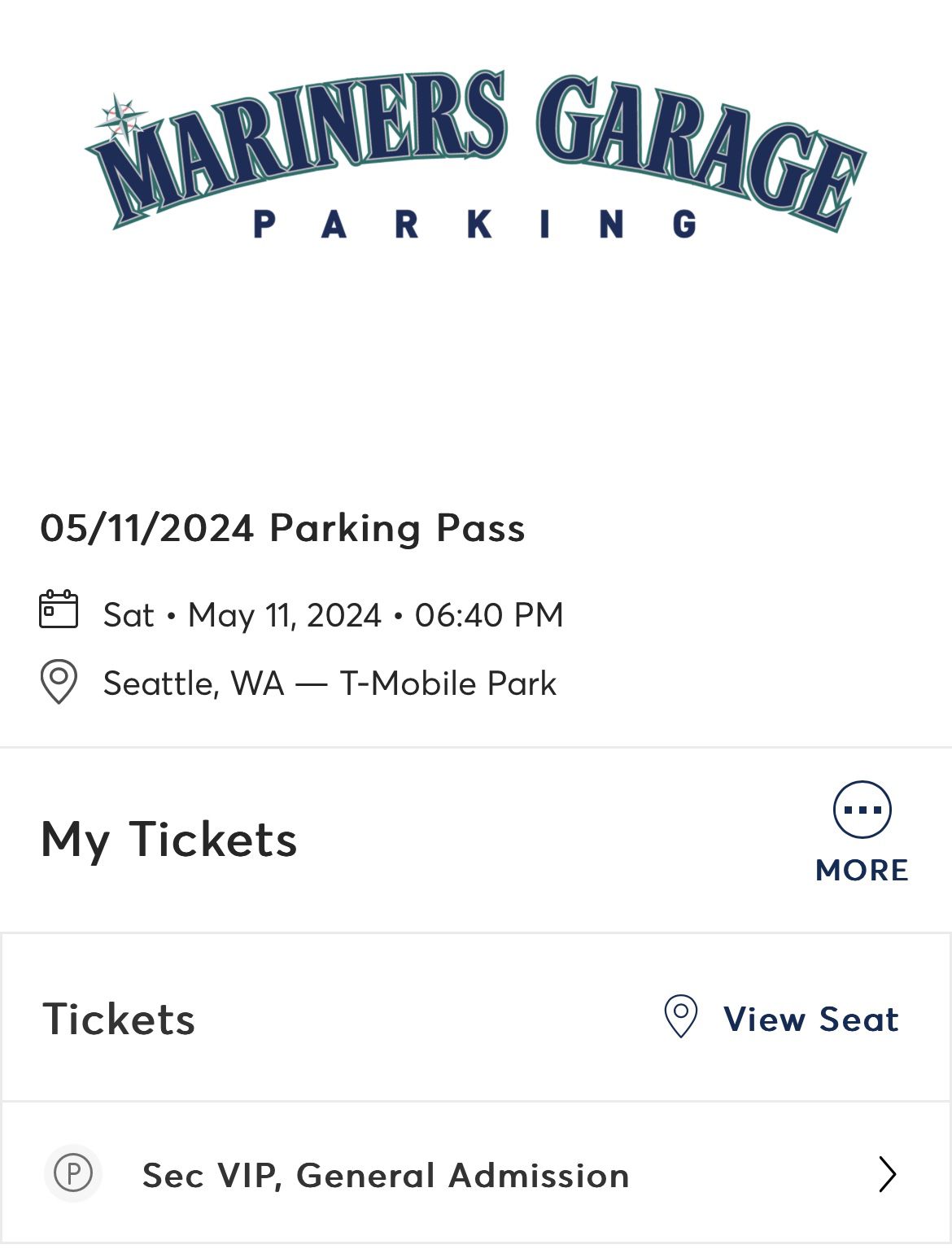 Mariners VIP Parking Pass Saturday Game 5/11/24