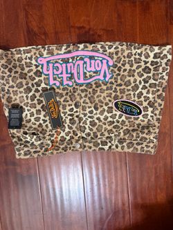 NWT Von Dutch Leopard Print Denim Mini Skirt Womens L Y2K Eyeball Graphic