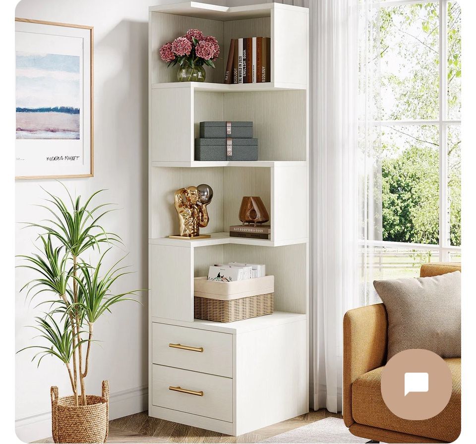 New - Stylish white corner bookshelf with multiple shelves and two drawers.