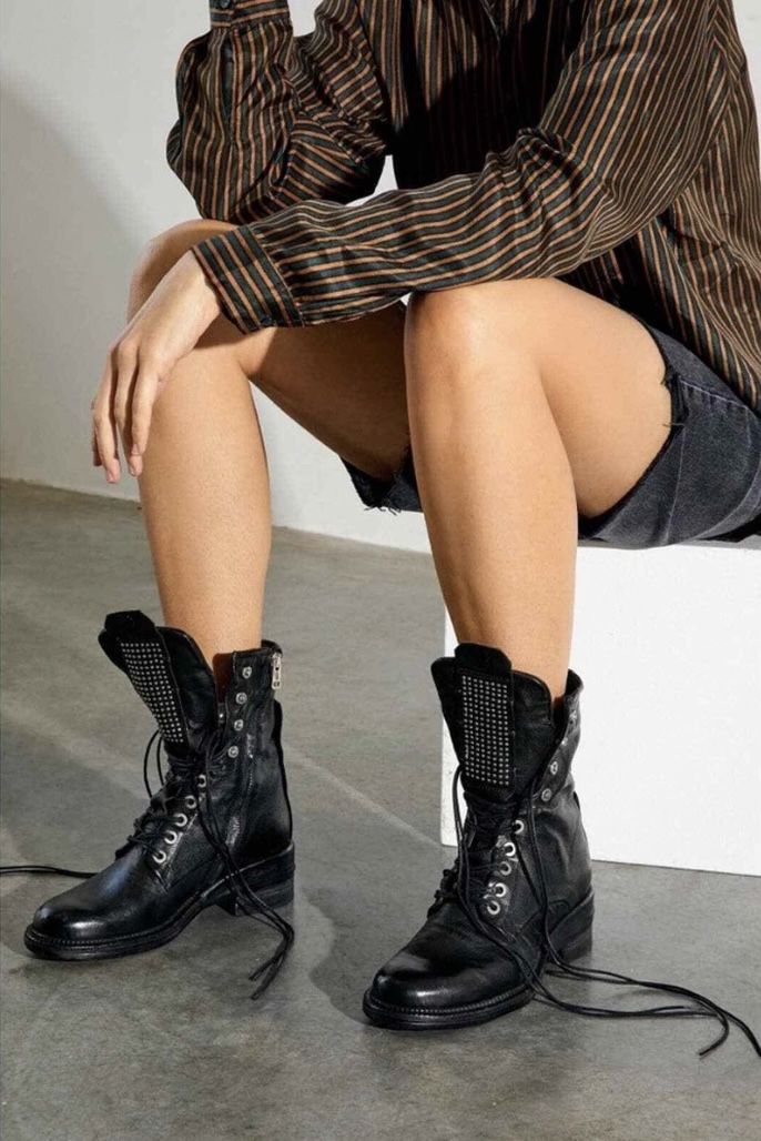 A.S.98 Black Combat Moto Boots Lace-Up Boots