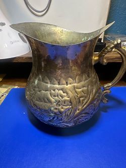 Vintage Brass Pitcher with Embossed Floral Design