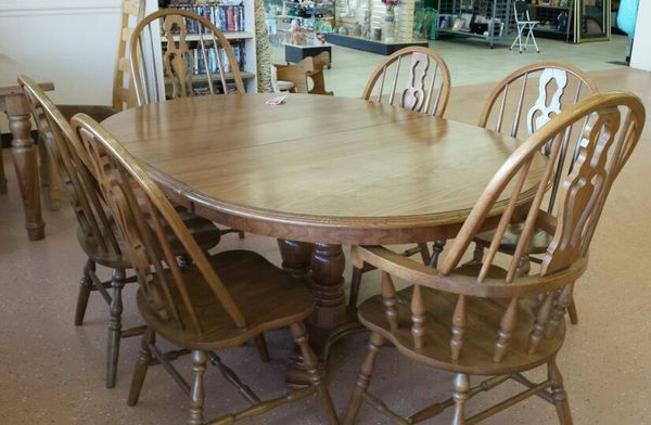 Cochran Oak Pedestal Dining Table Set W 6 Chairs For In Cochran Oak Pedestal Dining Table Set W 6 Chairs