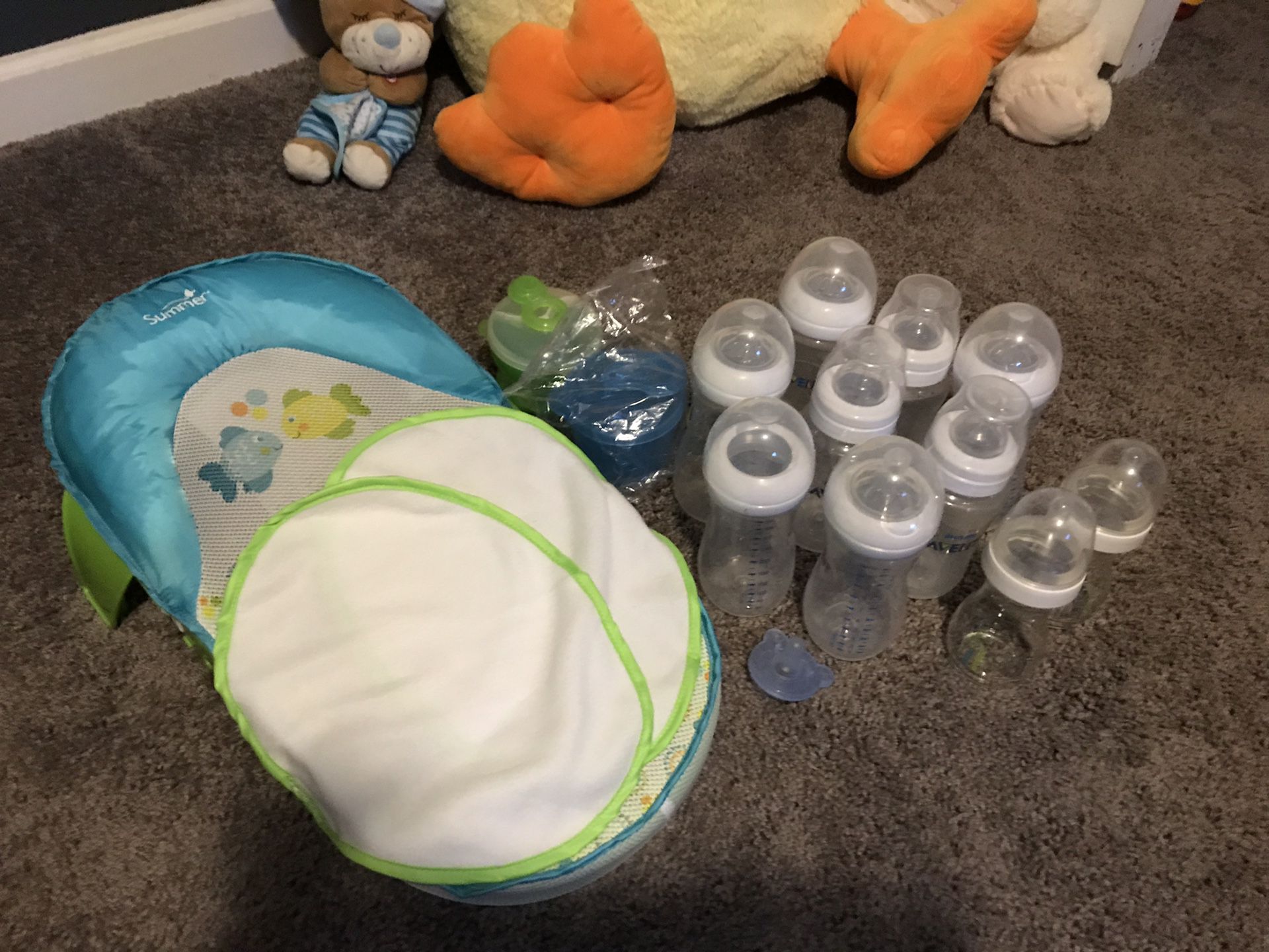 Avent bottles, swaddles, outfits, sleepers