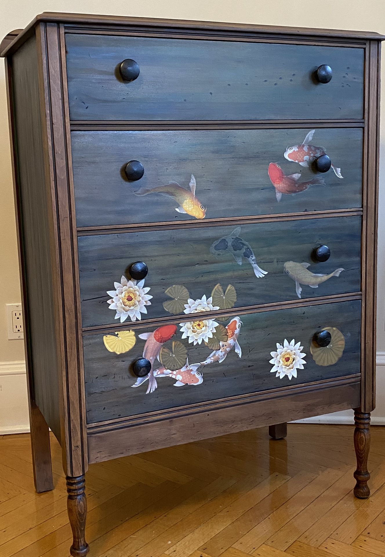 30” X 17” X 43” Vintage Dresser Koi Japanese Fish Decorated