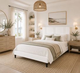 Queen Bed Frame with Wingback Headboard, Velvet Upholstered Platform Bed Frame, Strong Wooden Slats, No Box Spring Needed, Easy Assembly, White