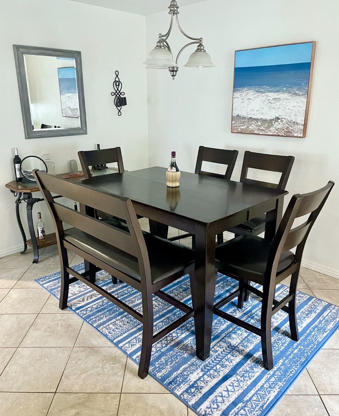 Gorgeous Extendable Hardwood Counter Height Dining Room Set With 4 Cushioned Chairs And Bench