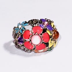 Domed Floral Statement Ring Enamel & Gripoix Size 7