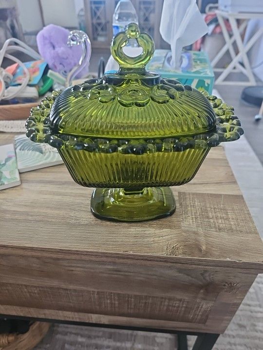 Vintage Indiana Glass Open Lace Edge Footed Candy Dish Compote Lid Olive Green
