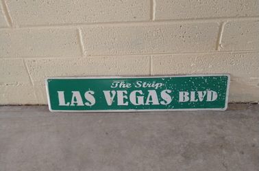 LAS VEGAS, TIN METAL SIGN, THE STRIP LAS VEGAS BLVD. W 24 X H 5.