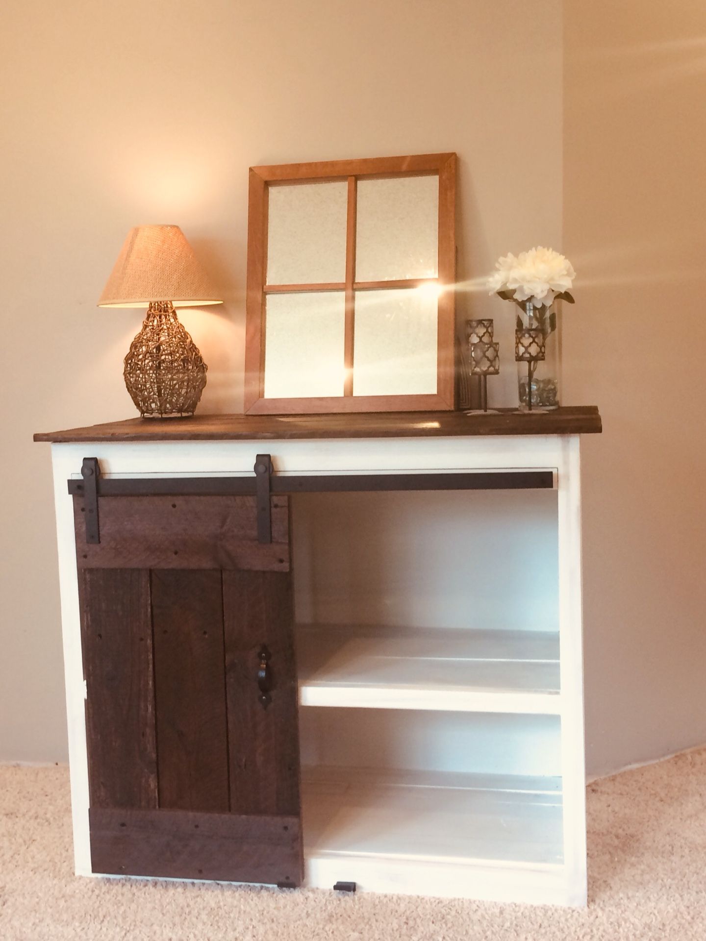 Rustic barn wood w/sliding barn wood door entertainment center/vanity/dresser/extra storage