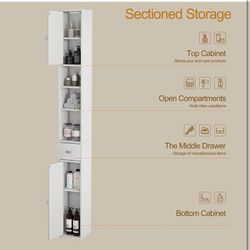 Tall Storage Cabinet, 7.9 Inch Narrow Bathroom Cabinet with USB Magnetic Light, Open Shelf, Magnetic Doors & Drawer, 5 Adjustable Shelves, Anti-Tip Ki