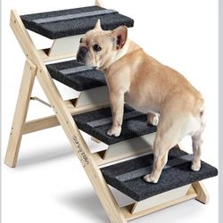 Wood Pet Stairs Pet Steps for All Dogs and Cats - 2-in-1 Foldable Carpeted 4 Tiers Dog Stairs & Ramp