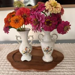 6" Porcelain Urn Vases with Bird & Floral Motif -Vintage Pair