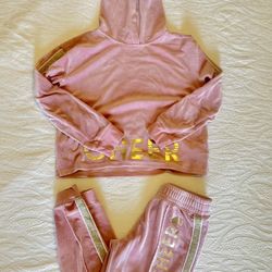 Girls Size 12 Justice Active 2 Piece Pink Velour Hooded Outfit set