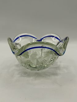 Lillian Vernon 24% Lead Crystal Vase Blue Striped edge Candy Dish Trinket Bowl