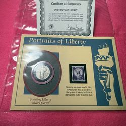 1927 Silver Quarter & 3 Cent Stamp Collectable & Certificate 