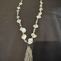 Silver Statement, Necklace, 32 Inch W/ 3 “ Rhinestone & Beaded Fringed Tassel, See Description For Charms