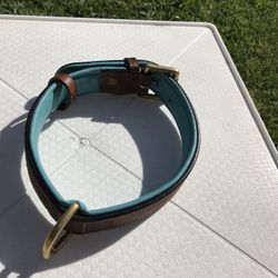Brown And Light Blue Two Toned Leather Dog Collar