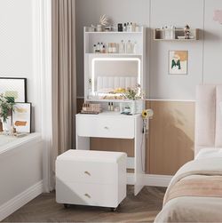 Vabches Make Up Vanity Desk with Mirror and Lights, White Vanity Table Set with Charger Station, and Storage Chair