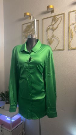 Green Satin Button-Down Blouse/ Dress