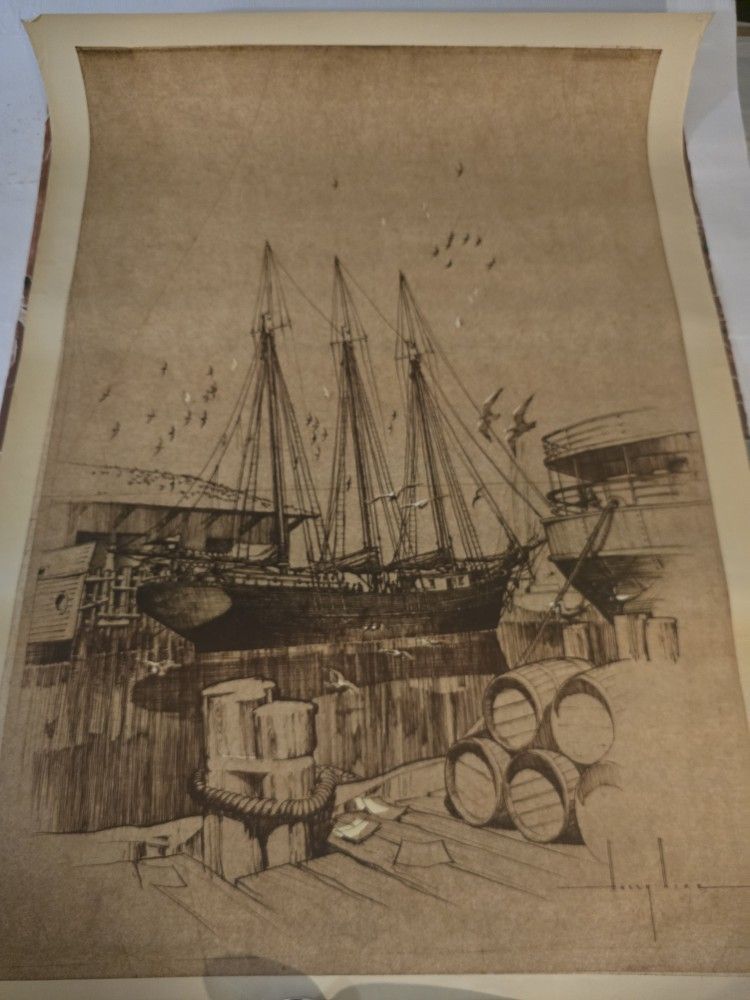 Big Schooner Sailship In The Port Environment With Barrels And Plenty Of Birds Sepia Tone Print By Harry Rice 20.5x29" In VG Condition