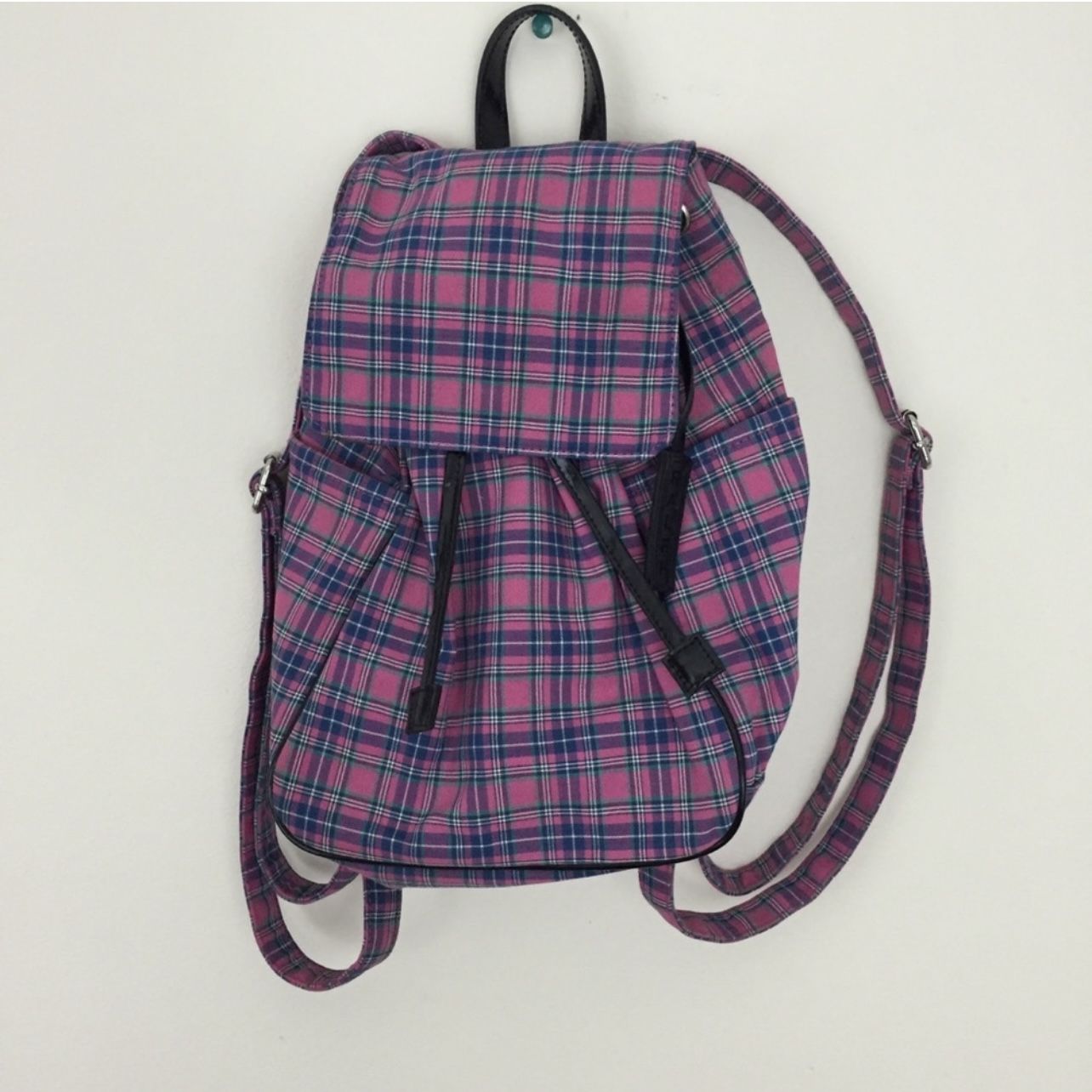 RALPH LAUREN Vintage Purple Pink Plaid Mini Flap Over Drawstring Backpack