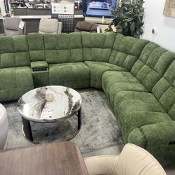 New Power Reclining Sectional.  Jade Chenille Fabric.  141”W X 128”D X 42”H.  Free Delivery!