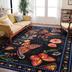 6x9 Floral Area Rug – Washable Black Velvet Style Rug