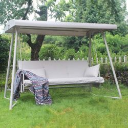 Light Gray (Champagne) 3-Person Outdoor Patio Swing Chair / Bed w/ Roof [NEW] **Retails for $530 <<Assembly Req>>