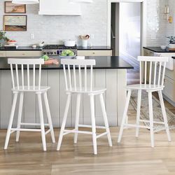 Wooden Bar Stools Set of 3 for Kitchen Island, 24 Inch Counter Height Stools Chairs, White