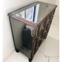 Modern Mirrored Chest Of Drawers (9) pickled white wood trims.