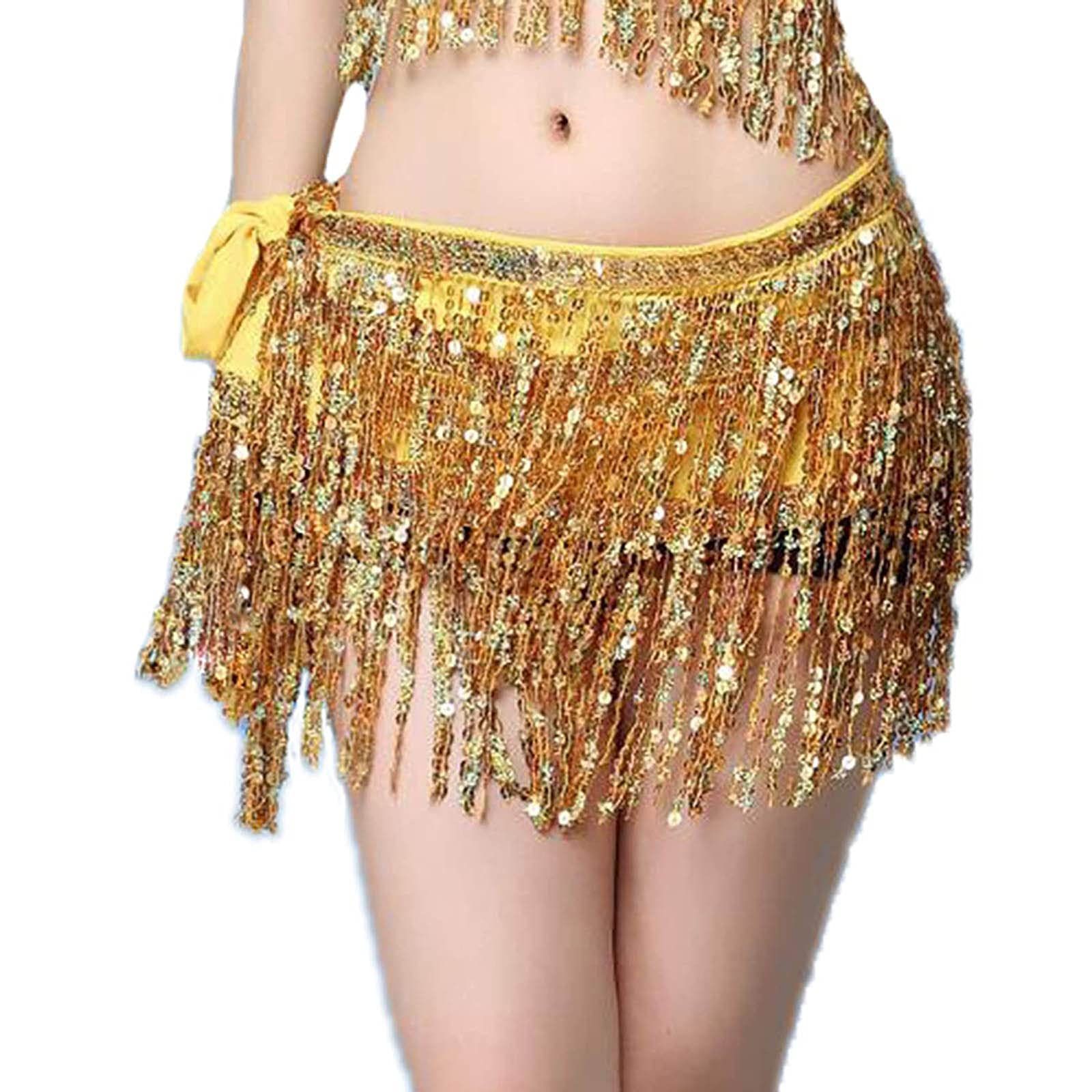 Gold Belly Dance Hip Sequins Fringe Skirt