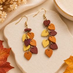 Autumn Fall Leaf Dangle Earrings Colorful Brown Orange Yellow Boho Statement Jewelry