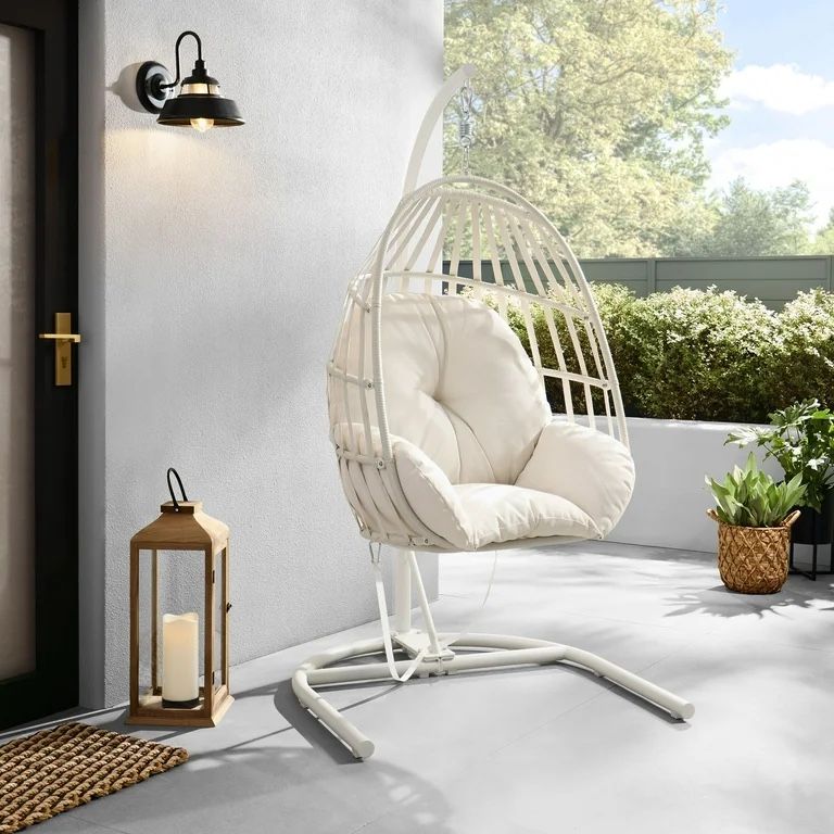 Mainstays Wicker Outdoor Patio Hanging Egg Chair with White Cushion