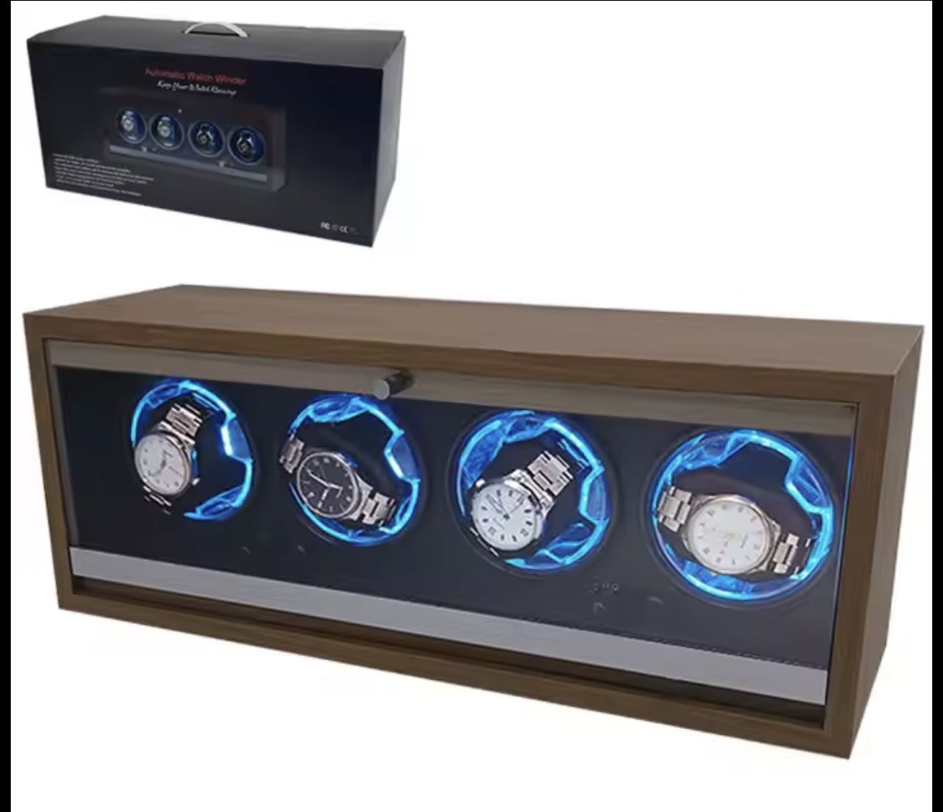 Auto-Stop 4 Slot Watch Winder Box Case Organizer Gray Black Interior with LED Made of Leather MDF PC