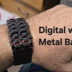 Unique LED Digital Watch, Black metal band. 
